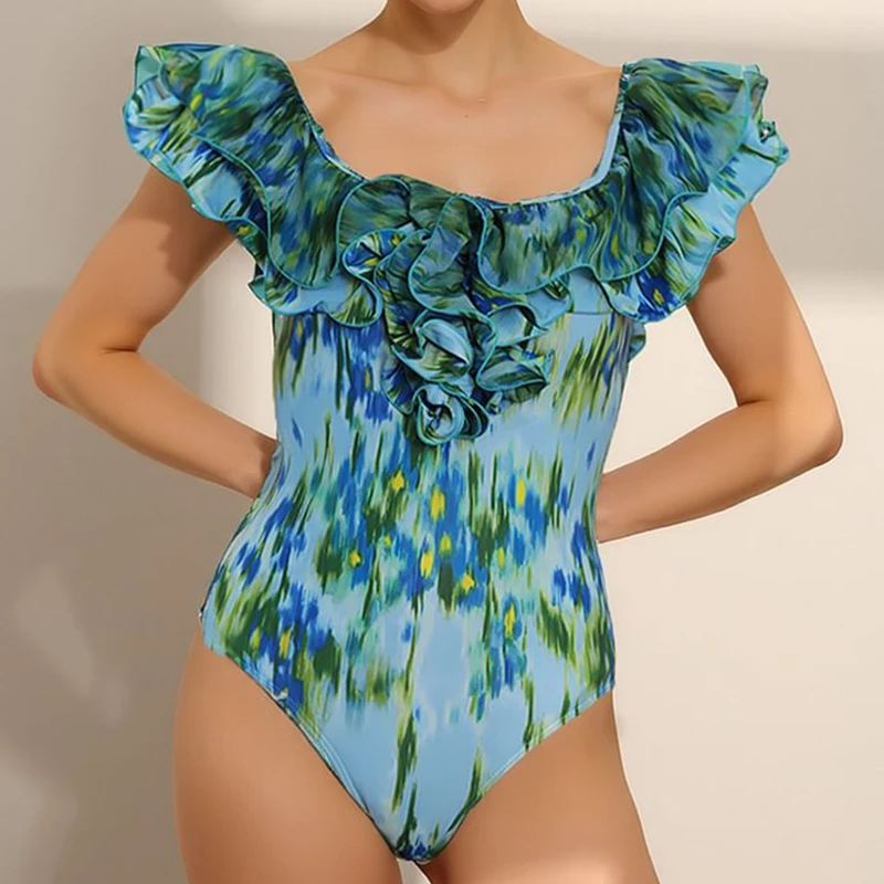 Women Sexy One Piece Swimwear Removable Shoulder Strap Off Shoulder Ruffle Abstract Pattern Print Swimsuit Monokini Bathing Suit
