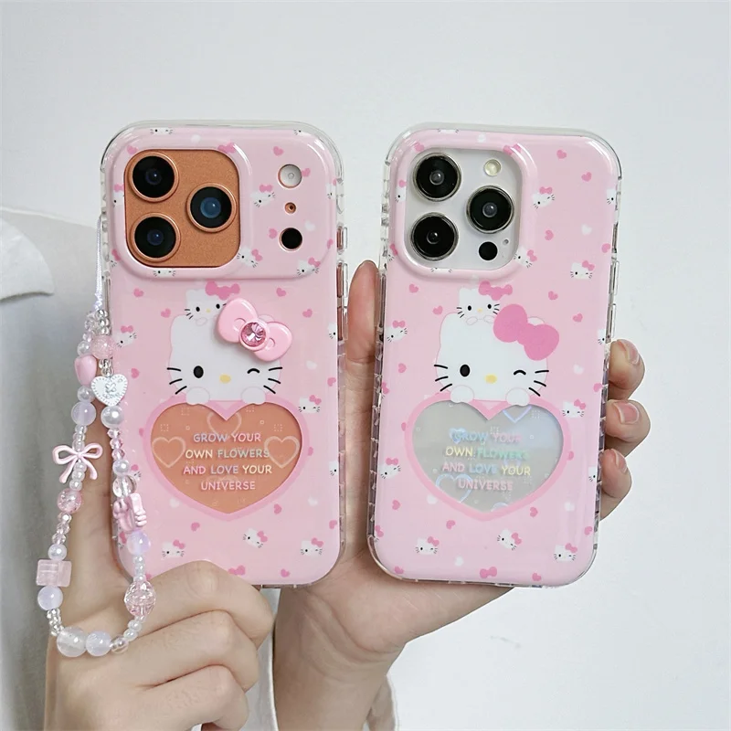 

Korean Cute Love Heart Hellokitty Phone Case For iPhone 17 Pro 14 15 16 Pro Max Cover with Chain Shockproof Cartoon Protective C