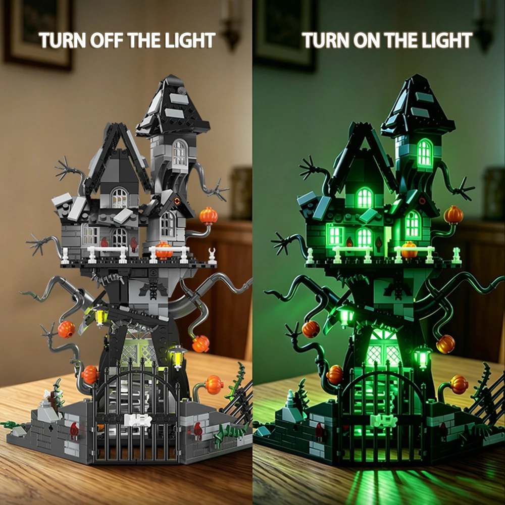 Halloween LED Haunted Ghost House Building Blocks Set Spooky Decor DIY Relaxing Hobby Collectible Holiday Gift for Adults ﻿
