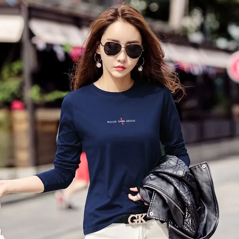 Women Spring Autumn Cotton Embroidery Long Sleeve T Shirt Loose Casual Base Layer Versatile Blouse S 4XL