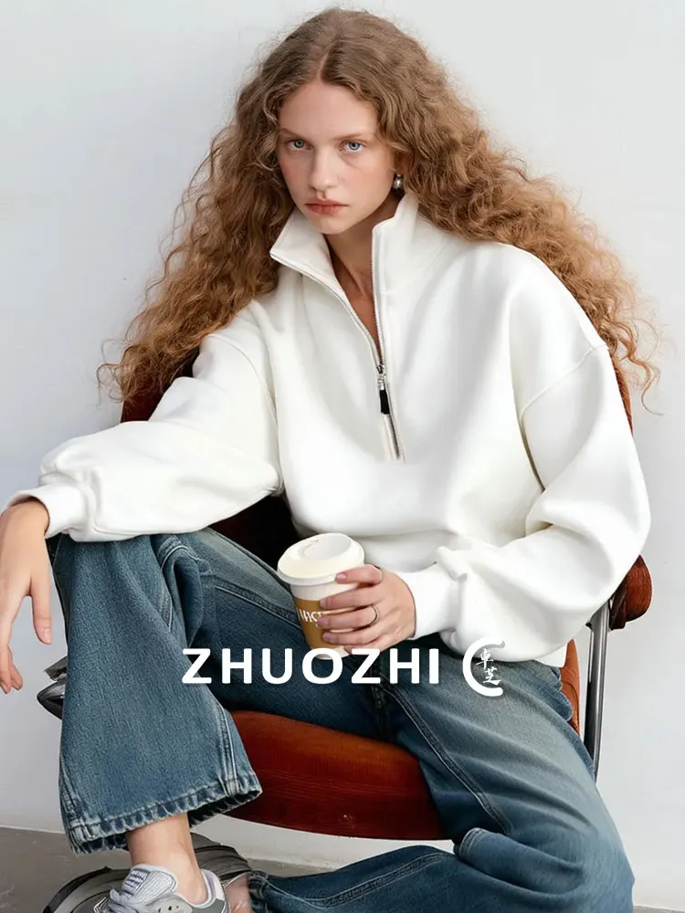 

Casual Zip-Up White Hoodie Women's Loose Fit Street Sle Long Sve Sweatirt Henry Collar Design Winter New Arrival