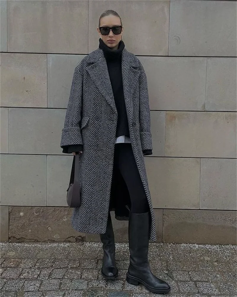 Herringbone Woolen Women Overcoat Cashmere Thick Long Trench Coat Custom Made Prom Dress Casual Streetwear Lady Jacket Outfit