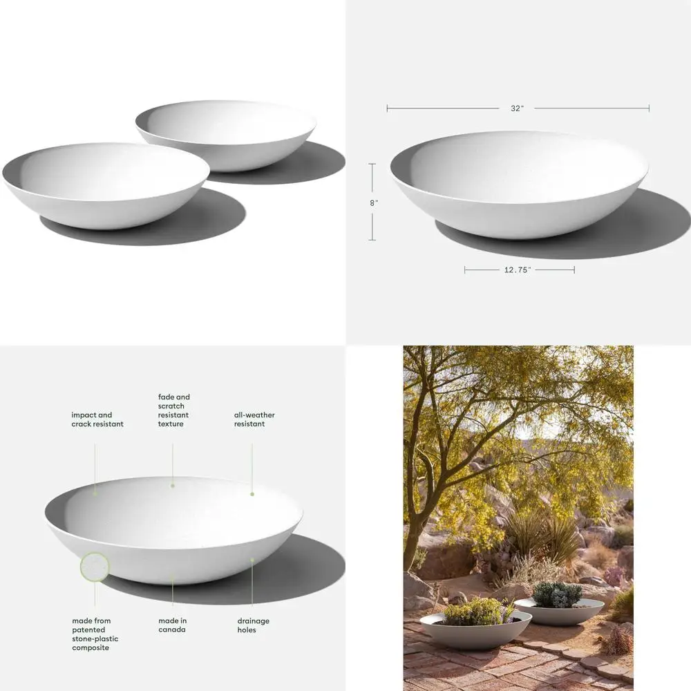 

Plastic-Stone Composite Planter Bowl with Drainage for Indoor and Outdoor Use on Tabletops and Gardens
