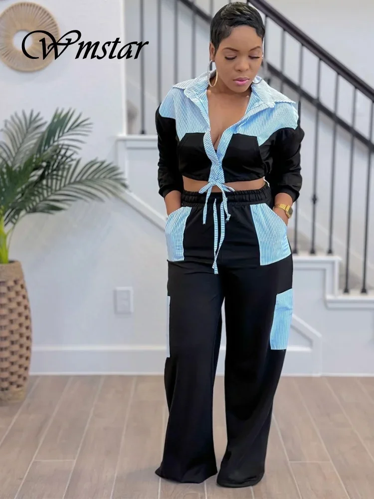 Wmstar Women Sweatsuit Two Piece Set CasualTwo Piece Sets Button Long Sleeve Patchwork Top Skinny Pants Tracksuit Fall Outfits