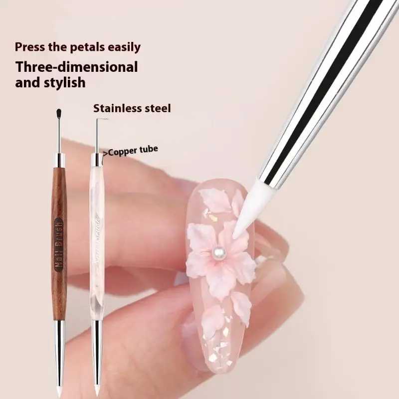 Multifunctional Sandalwood/Acrylic Double Headed Nail Art Brush Carving Flower Painting Pen Mixing Pen DIY Manicure Tool