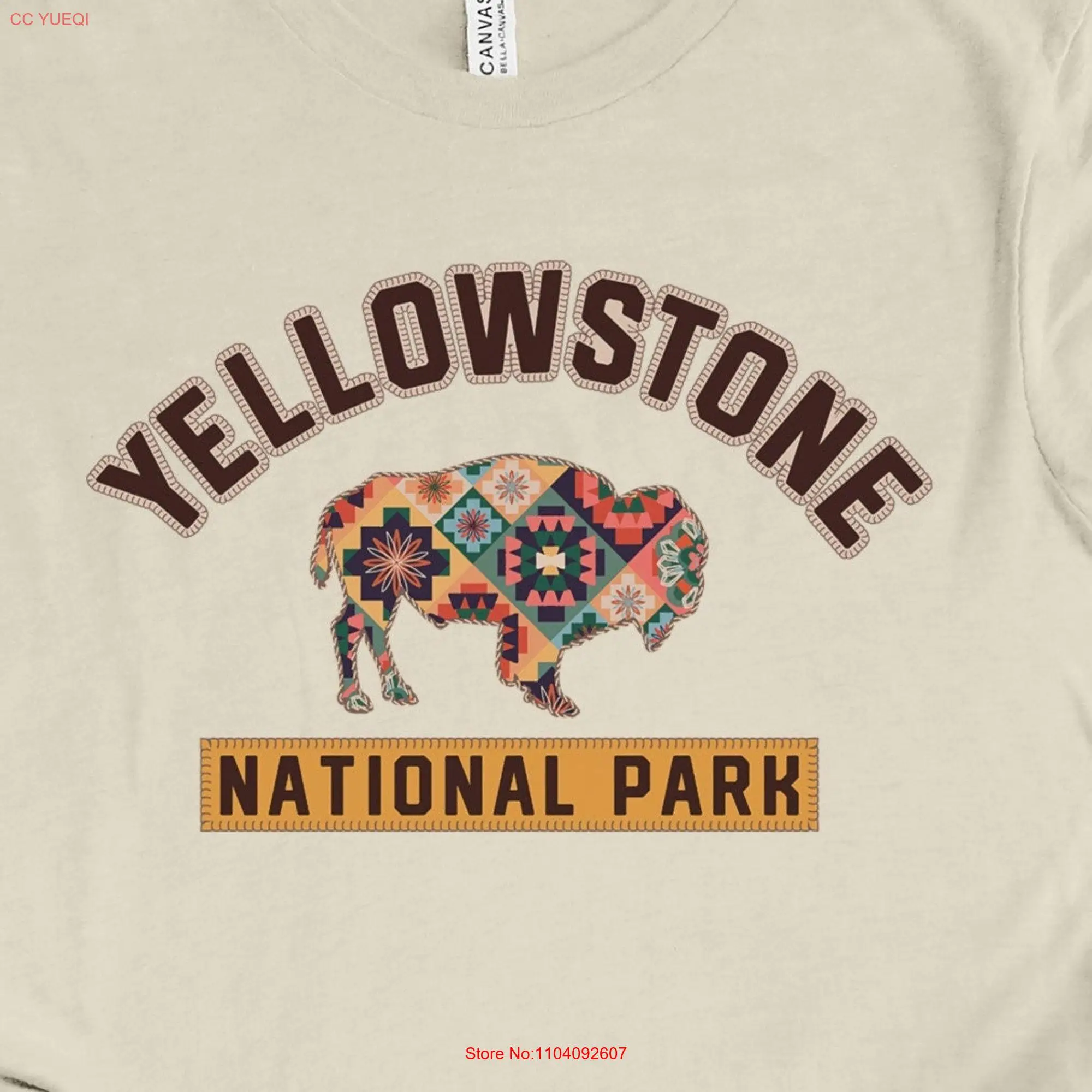 YELLOWSTONE NATIONAL PARK shirt with printed Bison in folklore textile print decorative Blanket Stitching Handicraft