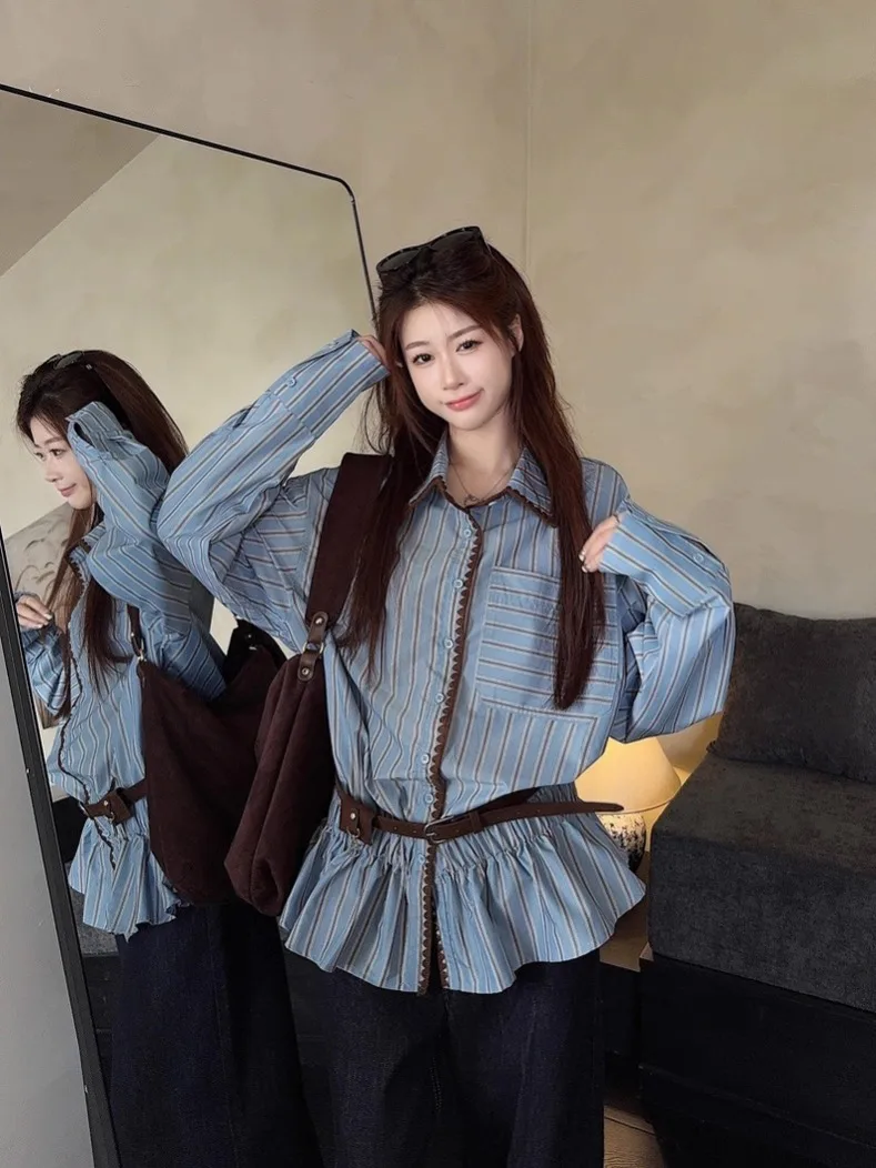 

Элегантная серо-голубая полосатая рубашка с длинным рукавом для женщин, весенне-осенний шикарный топ с поясом, французский стиль, приталенный крой, воротник.