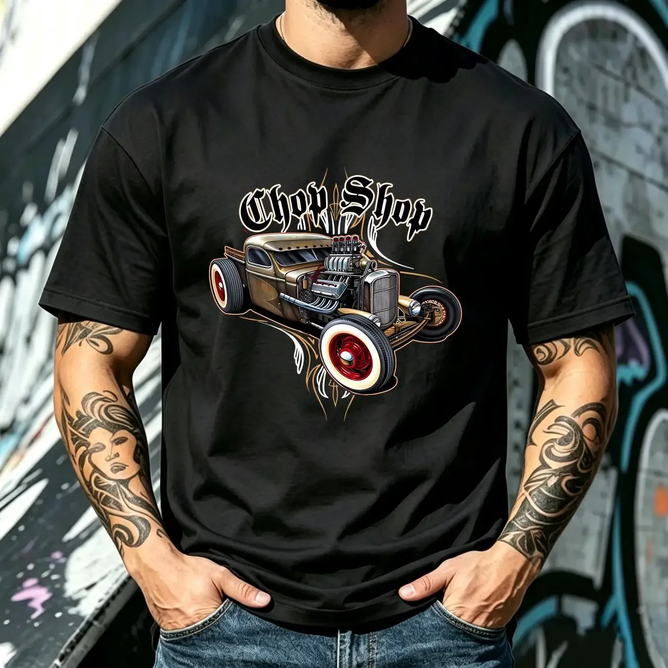 washed T Shirt CHOP SHOP Garage Hot Rat Rod Pinstripes Old School vintage Washed Soft Unisex Breathable designer clothes