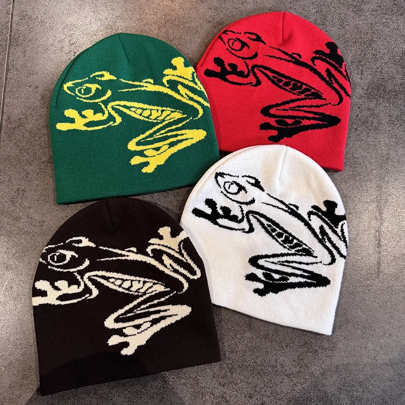 Frog Pattern Jacquard Beanies Women Men Winter Autumn Outdoor Keep Warm Cold Gorras Hip Hop Knitted Hat Skiing Windproof Bonnet