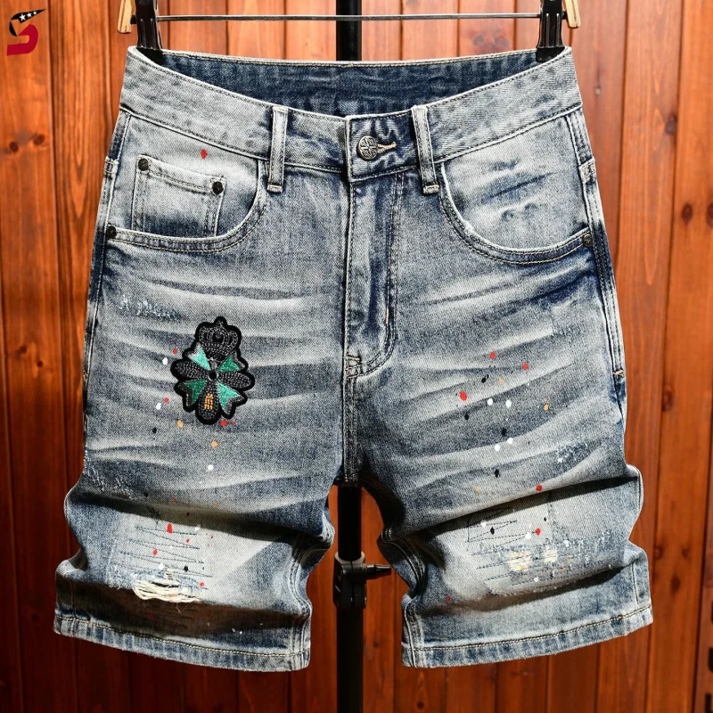 Men's Thin Lightweight Denim Pants with Holes, Casual Style, Knee Length, For Daily Summer Wear