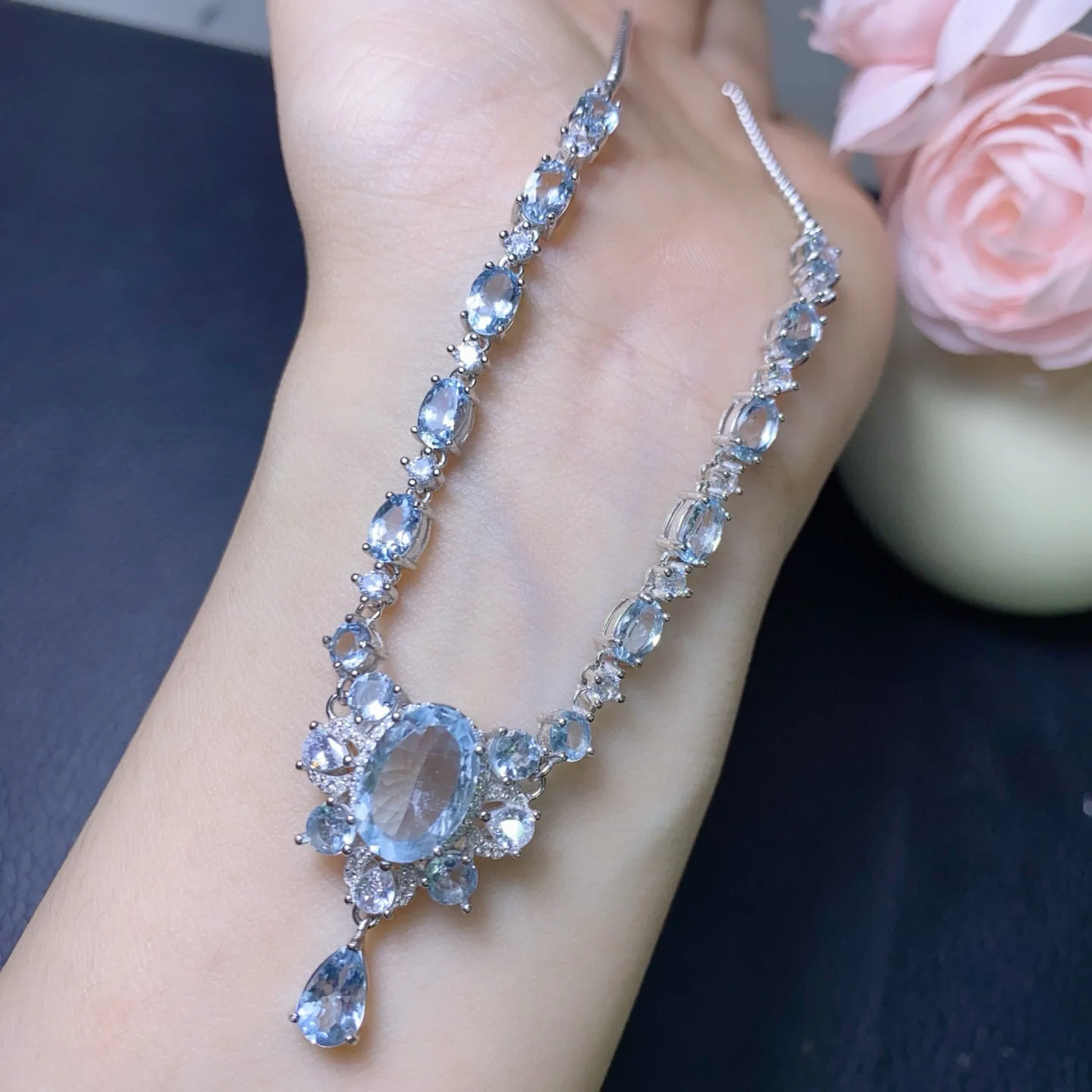 S925 Silver Natural Aquamarine Necklace, Clean Crystals 8x12mm & 4x6mm & 4mm, Ocean Gemstone Jewelry Gift for Women