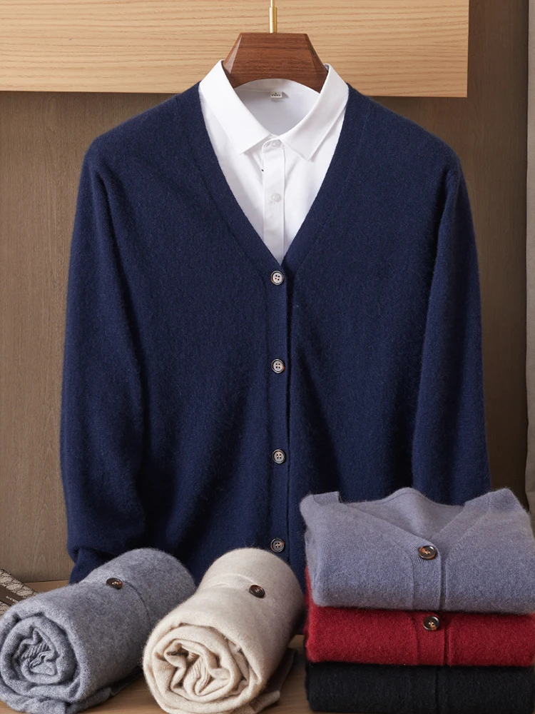เสื้อคาร์ดิแกนแคชเมียร์คอวีผู้ชายสีแดงหนาสีทึบเสื้อกันหนาวถักเสื้อลําลองเสื้อขนสัตว์ธุรกิจ