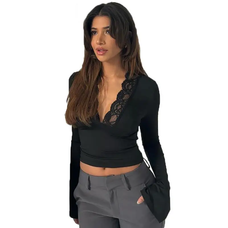 여성용 레이스 딥 플레어드 긴 소매 폴리에스터 슬림핏 여름용 폴리에스터 섬유 티셔츠