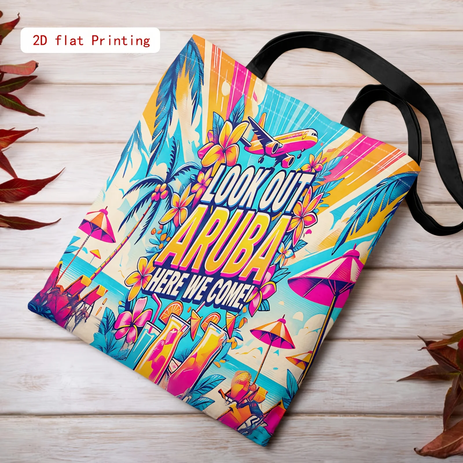 1pc Tote Bag with 2D Flat Effect, Pop Art Style Aruba Island Vacation Airplane Palm Flower Letter Pattern Tote Bag, Large Capaci