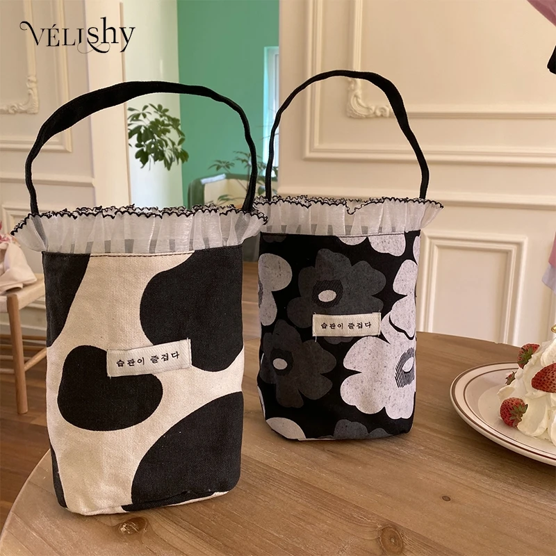 Korean Style Lace Canvas Handbag Cute Sweet Temperament Bucket Bags Portable Outing Picnic Bag For Women Girls Student Lunch Bag