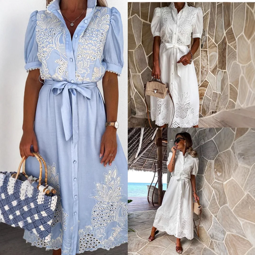 

2025 Summer Puff Sleeve Lace Party Dress Sexy Hollow Out Patchwork Embroidery Long Dress Elegant Women Tie-Up Belted Shirt Dress