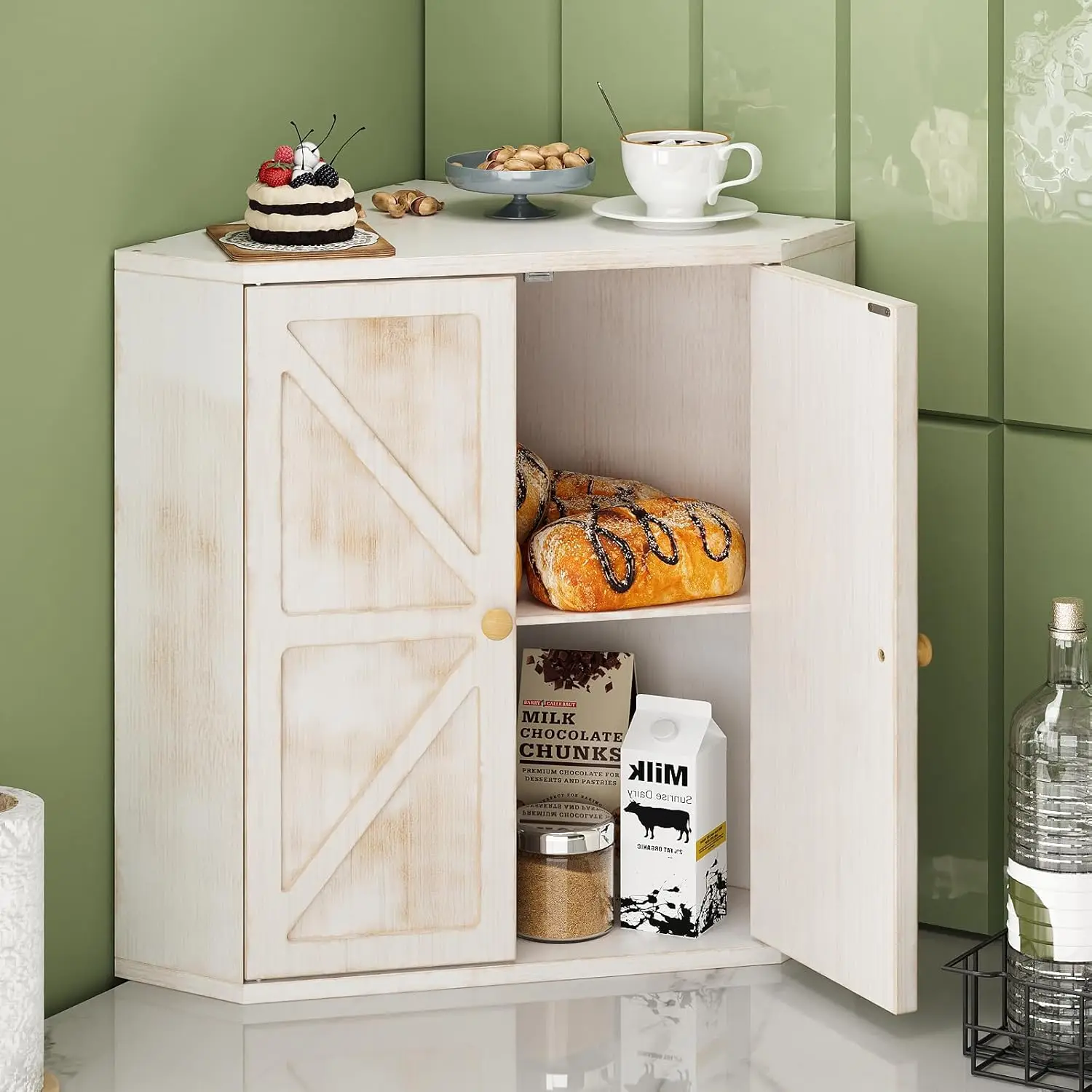 Double Layer Bamboo Corner Bread Box, Large Capacity Kitchen Storage Organizer for Fresh Bread