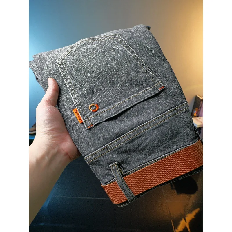 Male Gray Jeans Fashion Street Free Belt All-Match Stretch Trousers Men's Fashion Wear Casual Handsome Pants for Men