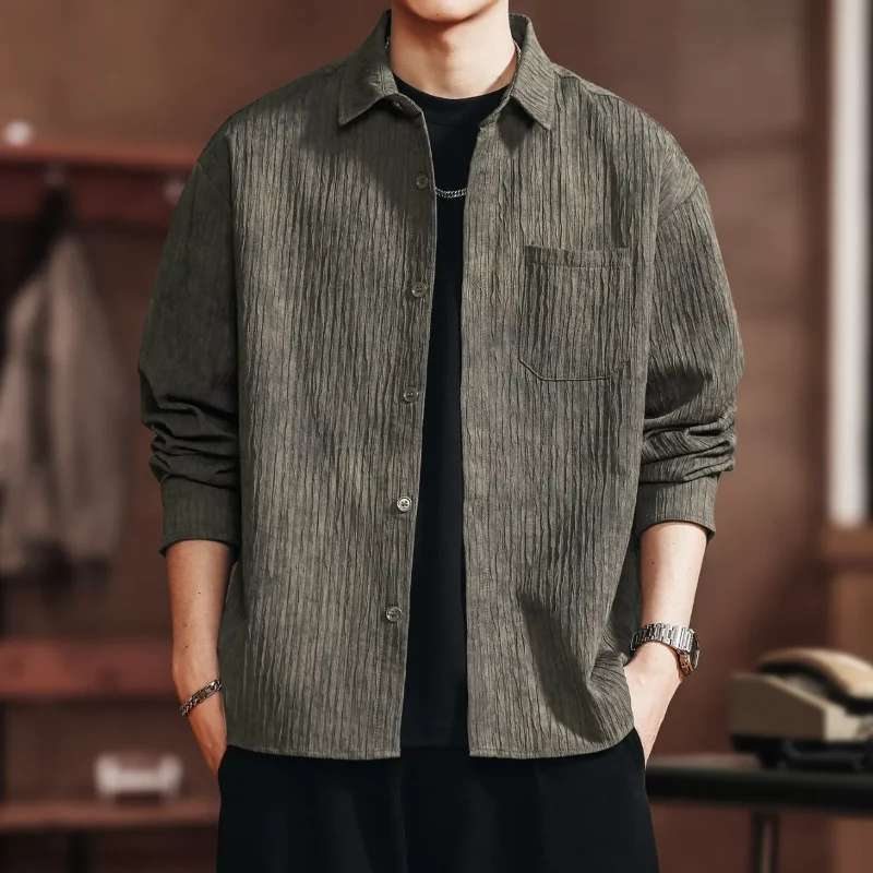 Retro American men's autumn and winter long sleeved shirt, new loose collared workwear shirt jacket, casual men's clothing