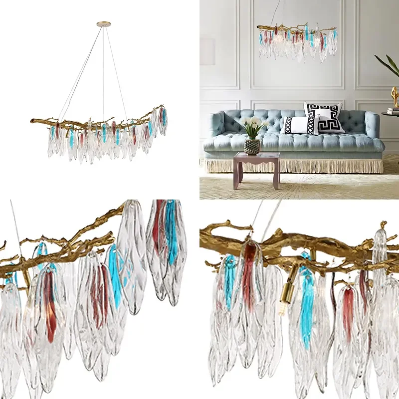 for Branch Side Light High Pole Colored Leaf Chandelier Villa Hotel Noble Copper Luxury Lamp Round Room Glass G9