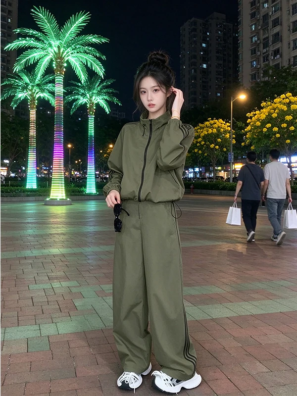 Slimming Stand Collar Jacket Top Set Women's Casual Commute Wide Leg Pants Two Piece Set Fashionable Autumn New Arrival