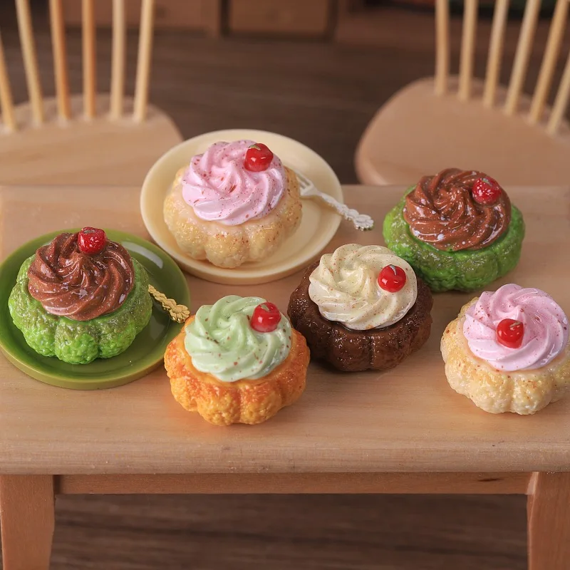 3pcs Mini Cherry Cream Puff Dessert Model Resin Simulation Food Dollhouse Miniatures Refrigerator Sticker DIY Craft Home Decor
