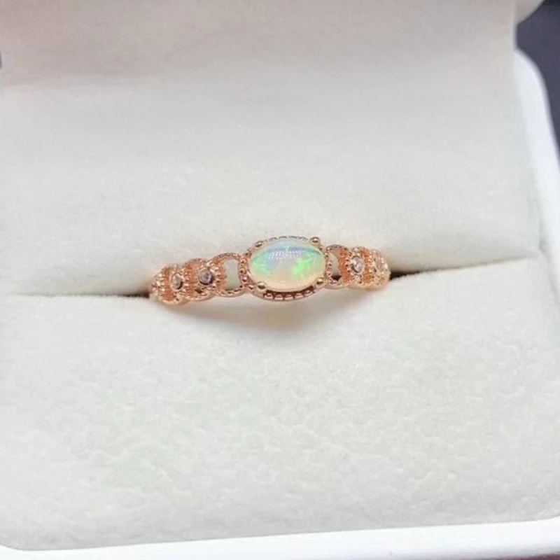 Natural Opal Ring for Women 4mm*6mm Australian Opal 925 Silver Ring 18K Gold Plated Silver Gemstone Jewelry