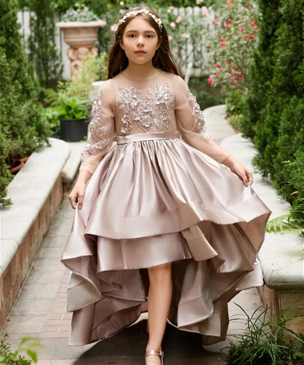 

Luxury Tiered Wedding Flower Girl Dress Satin Bow Appliques Princess Birthday Party Pageant First Communion Gown Customized