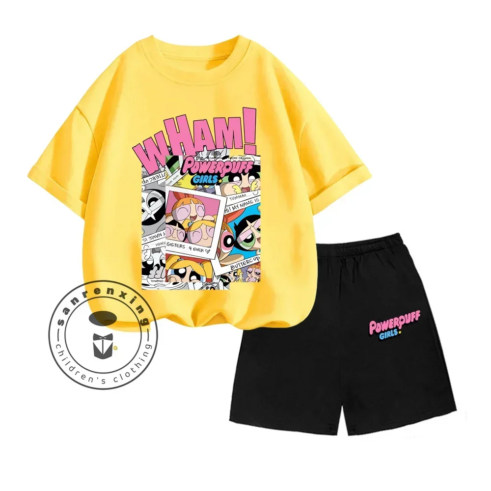 2025 3-13 Years Old Powerpuff Girls Cartoon Printed Set Summer Absorb Sweat Print Design T-shirt T-shirt+loose Edition Shorts