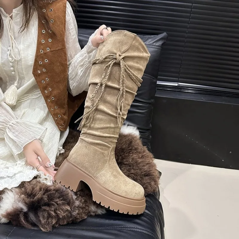Spring and Autumn New Retro Fashion Style Fashion Boots Thick Heel Long Tube Slim Look Stacked Middle Tube Boots Plus Size 41 42