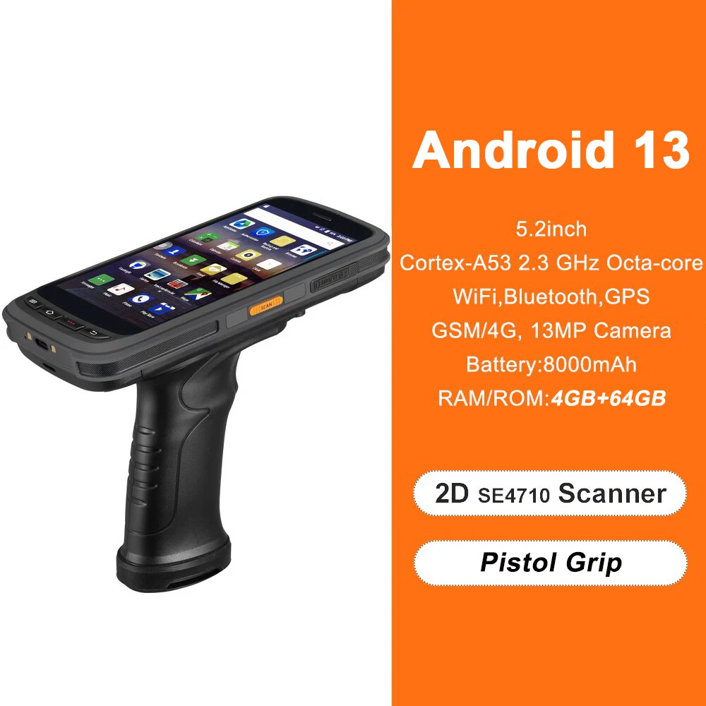 Chainway C72 Warehouse PDA with Android 13 OS 4G RAM 64G ROM Zebra 4710 Pistol Grip 1D & 2D Barcode Scanner
