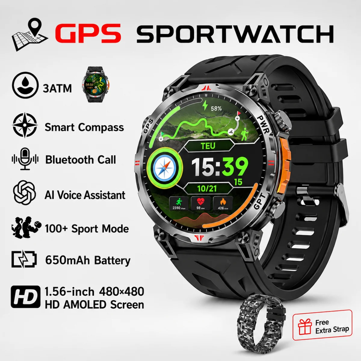2026 Herren Outdoor Smartwatch, 1,56" AMOLED, GPS & Kompass, 3ATM wasserdicht, Bluetooth Anruf, GPT, LED Taschenlampe, 100+ Sportmodi, 650mAh Akku, Gesundheitsmonitoring