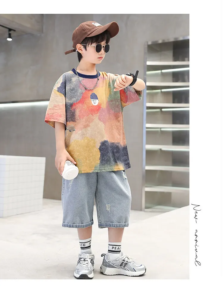 Sommer Tie-Dye Coole Kinder Jungen Freizeit-Oberteile Bedrucktes Trendiges Kinder-T-Shirt Kurzarm Teenager-T-Shirts Baumwoll-T-Shirt 4-14 Jahre Alt – Detail 9