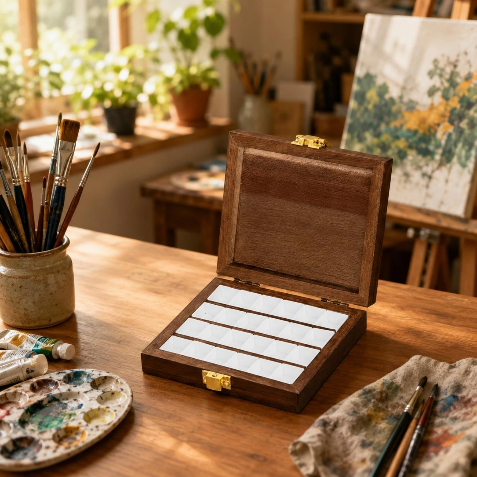 Wood Art Storage Box 24 Compartments Art Supply Organizer Box Divided Insert Hinged Lid