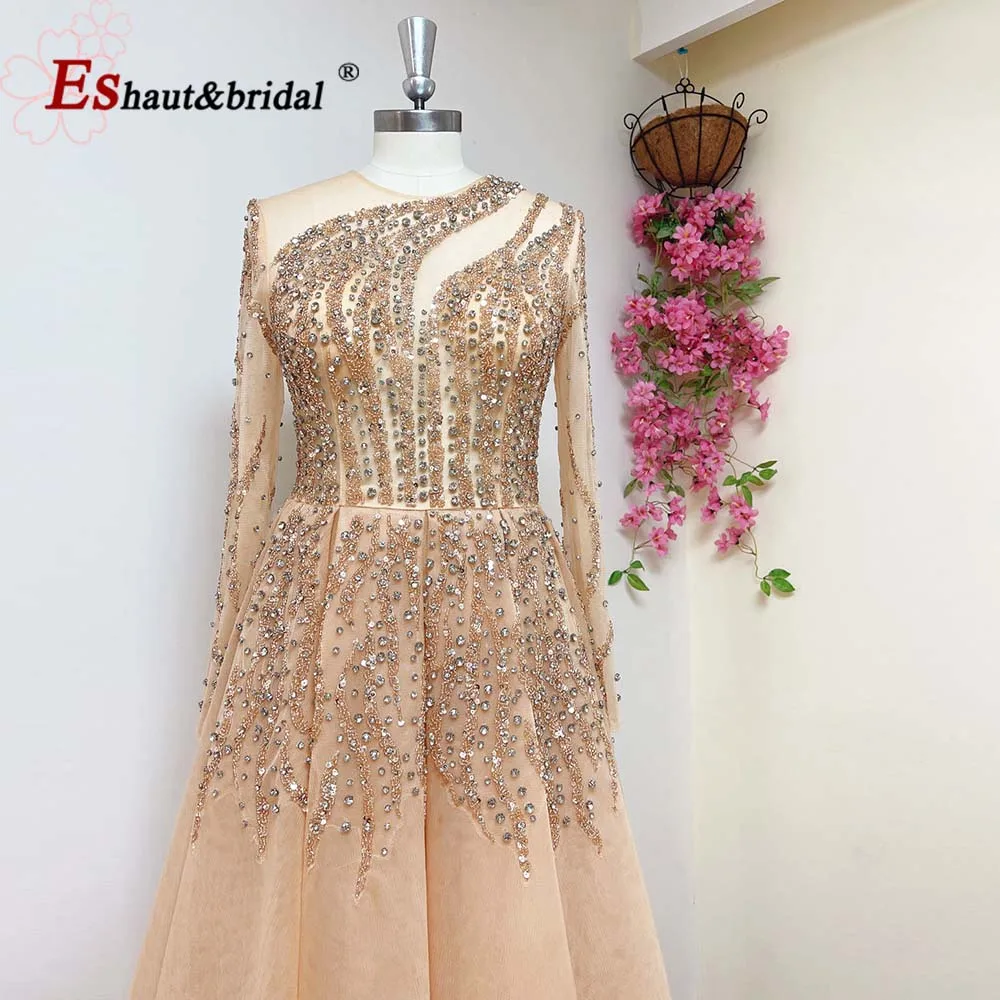 Robe de soirée élégante en cristal pour femmes, col rond, manches longues, perles d'aline, longueur de rinçage, Rh, fête de mariage, occasion formelle