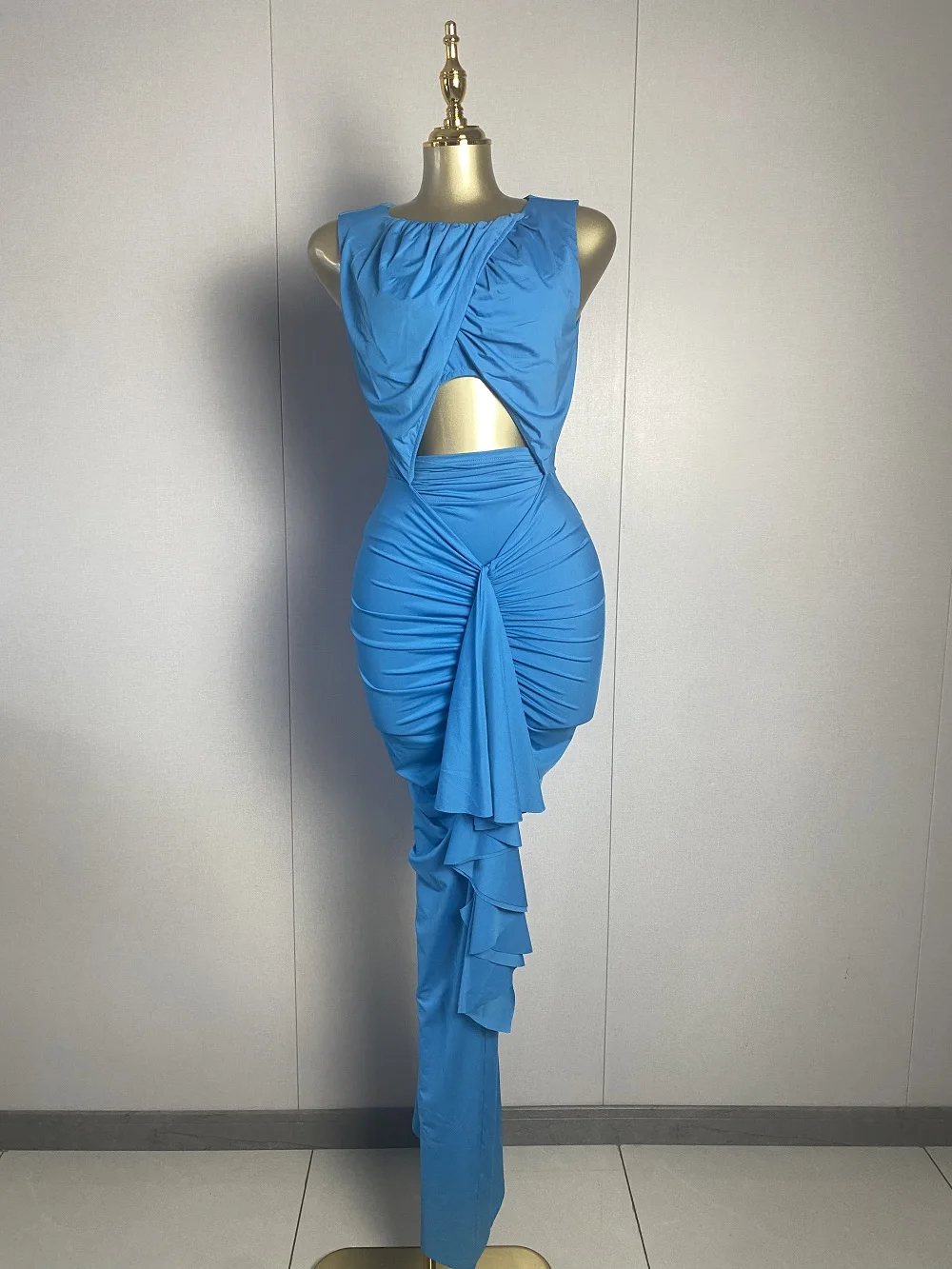 

New Women Sexy Sleeveless Patchwork Hole Tie Blue Maxi Long Dress 2025 Elegant Evening Club Luxury Birthday Party Dresses