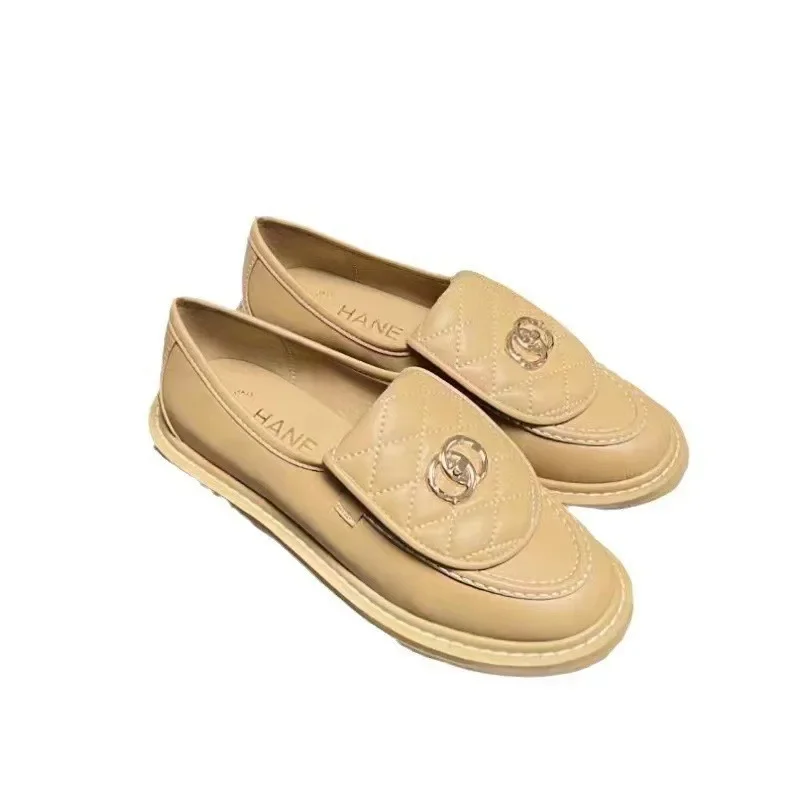 High-End Women's Thick-Heeled Slip-On Loafers Diamond Pattern Genuine Leather Shoes Retro One-Touch Fashionable Flat Heels