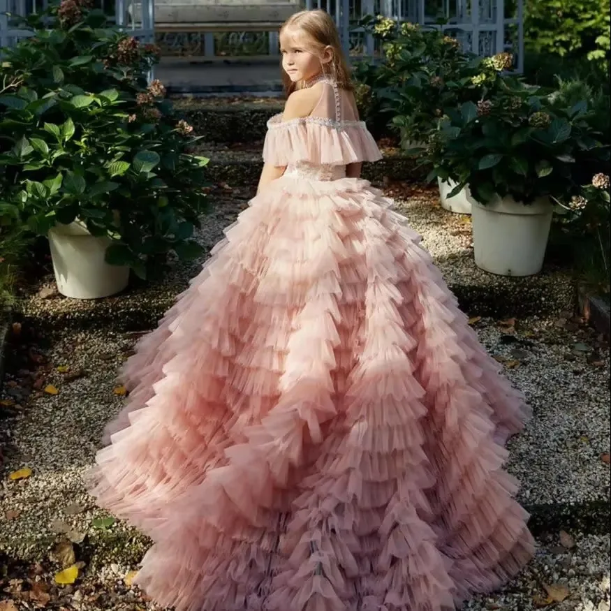Customized Pink Flower Girl Dresses For Wedding High Collar Off Shoulder Gorgeous Floor Length Child Banquet Evening Party Gown
