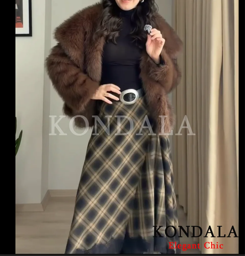 KONDALA Vintage Basic Lady Midi Skirt Plaid Lace Long Skirt Women New 2026 Spring Summer Elegant Commute Dinner Party Lady Skirt
