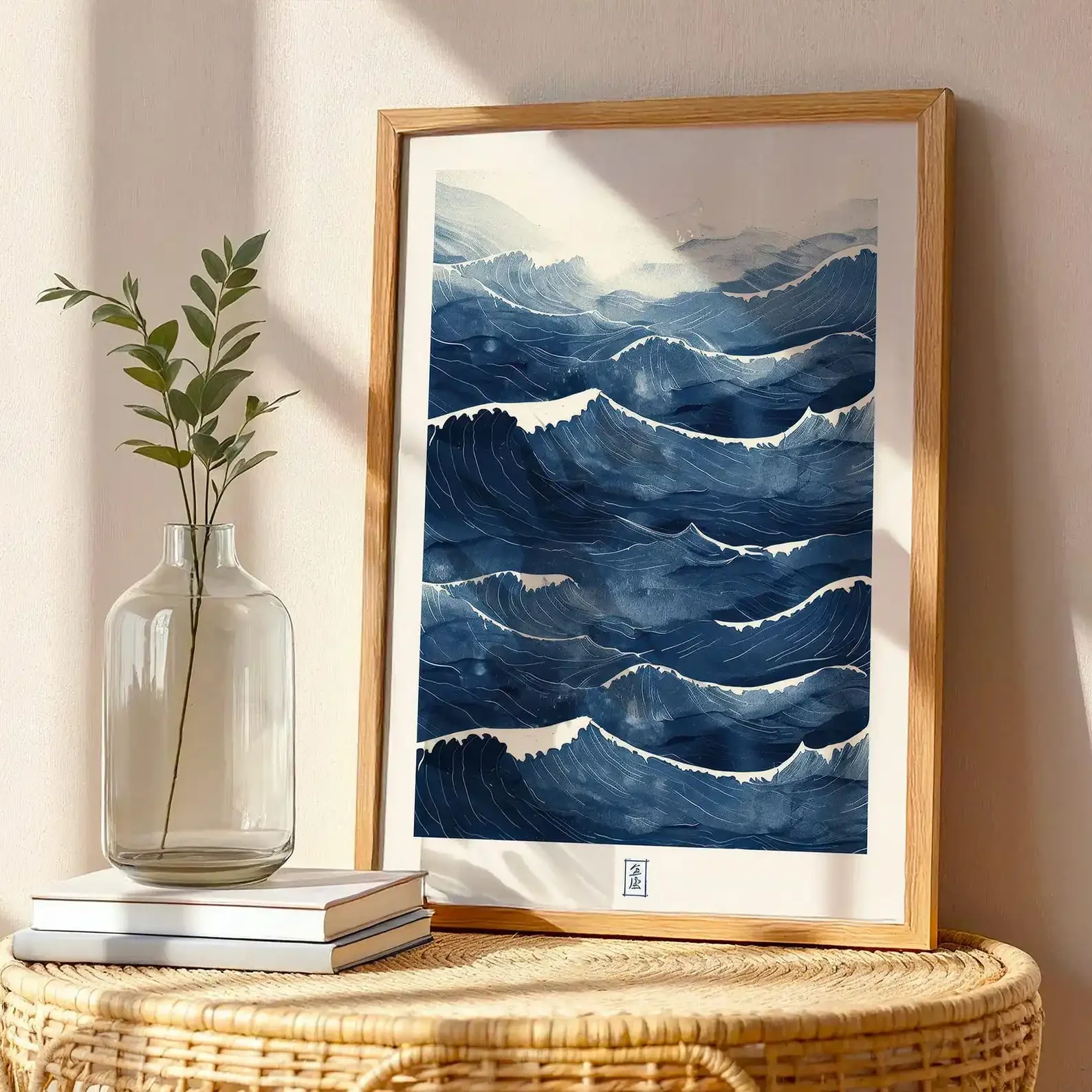 1pc frameless Canvas Painting Blue Waves Abstract Japanese Canvas Wall Art Poster Unframed Japandi Zen Style Poster for Wabi Sab