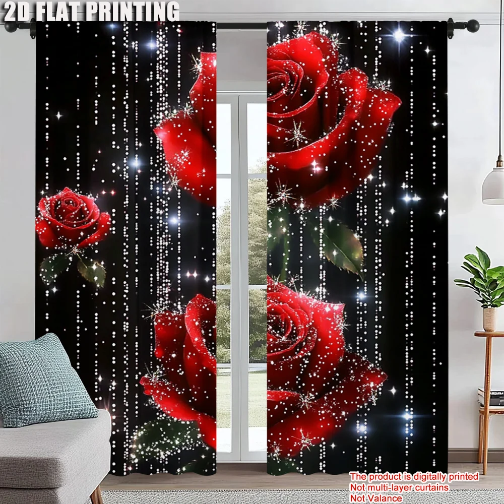 

2Pcs Fashion Romantic Star Rose Flower Pattern Curtain Home Decoration Rod Pocket Design For Easy Installation Digital Printed