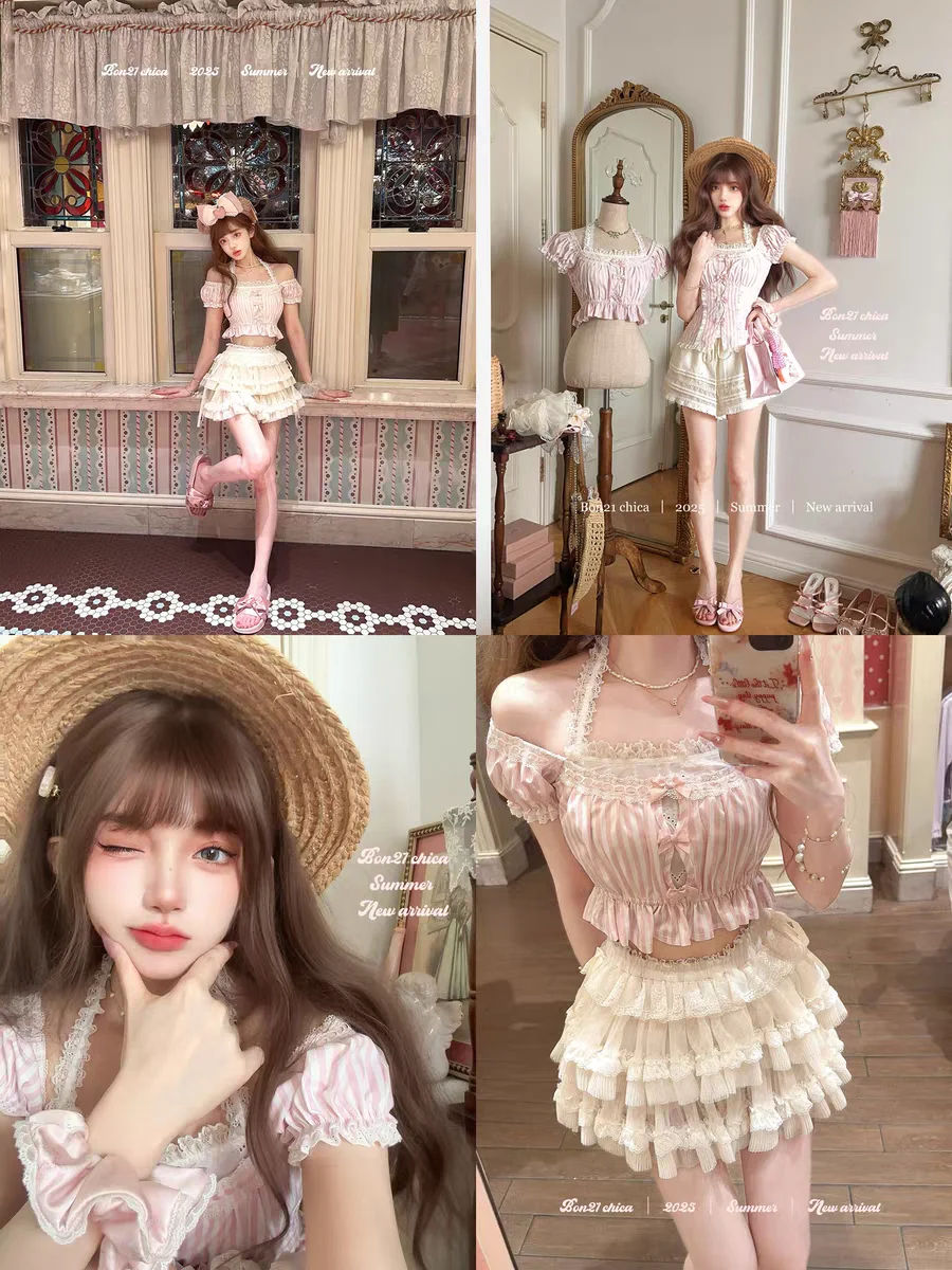 

Princess sweet lolita top bobon21 Strawberry apple pink cute bow lace neck top T2411