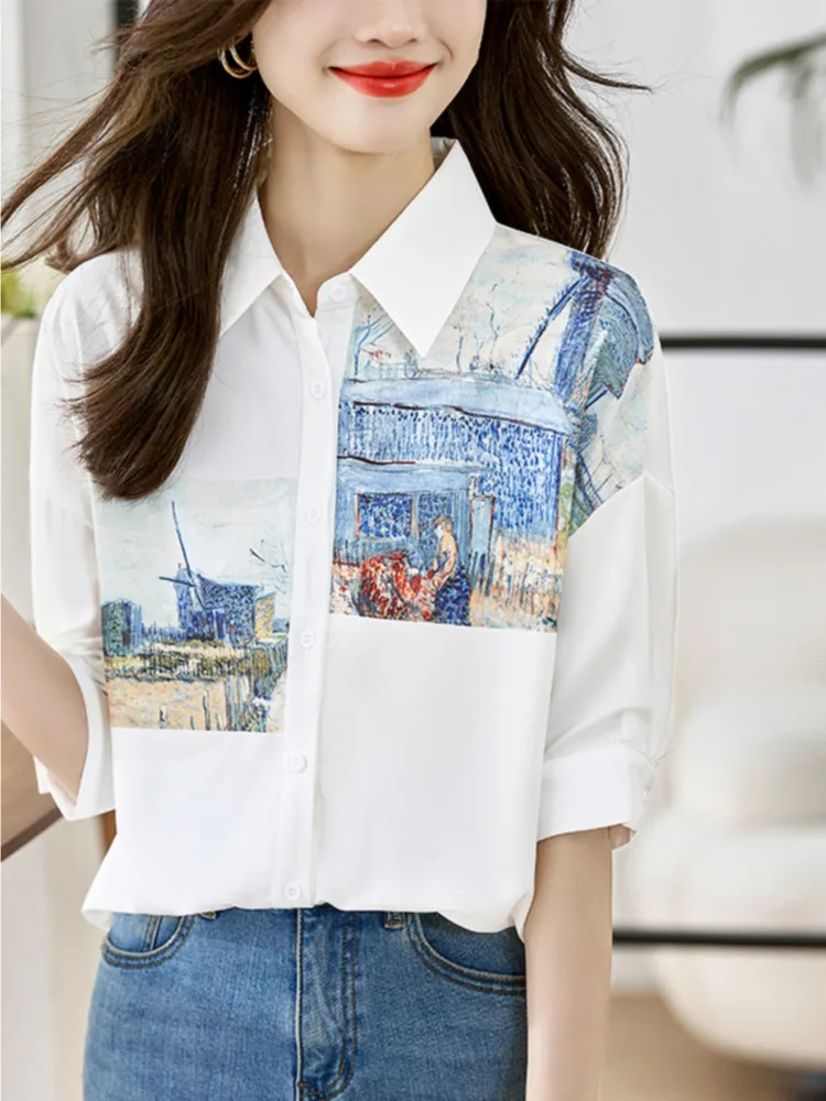 #3141 White Shirt Women Loose Printed Chiffon Shirts Blouse Femme Half Sleeve Thin Sexy Vintage Womens Tops And Blouses Summer