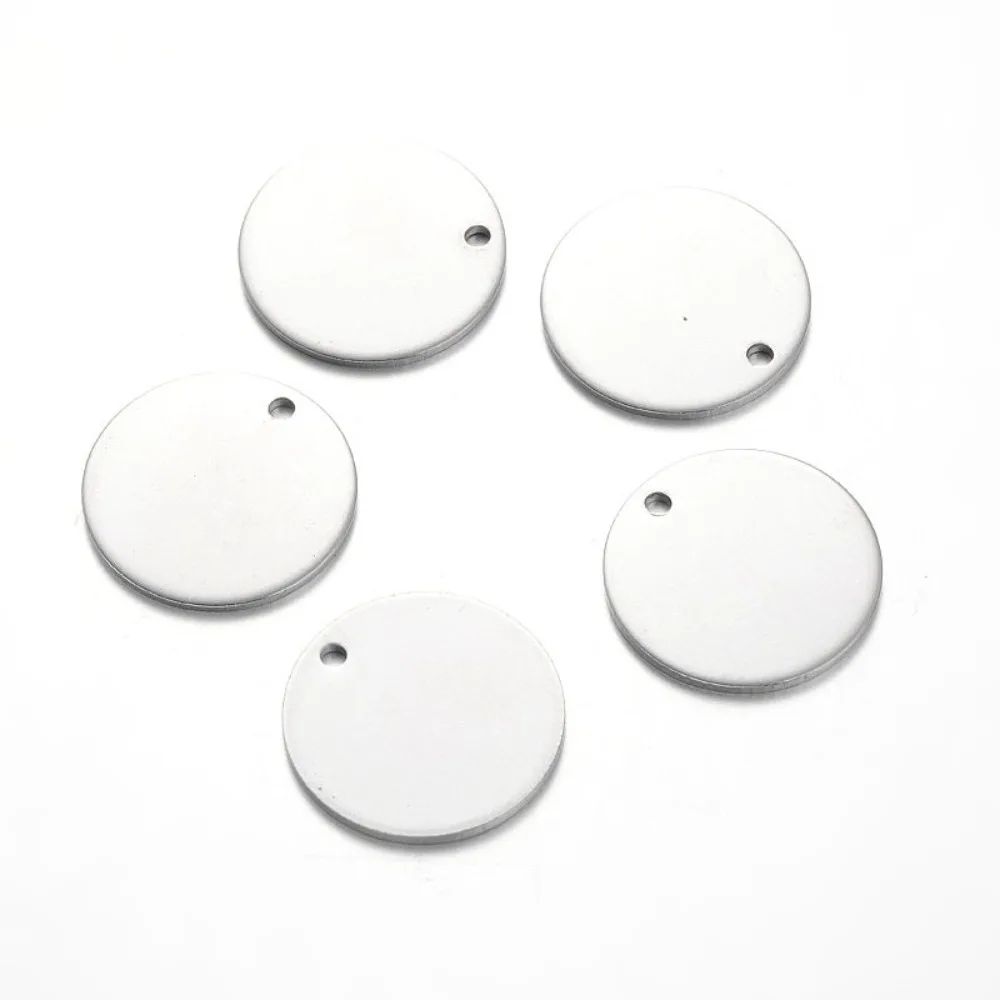 10pcs Tarnish Resistant Flat Round 201 Stainless Steel Blank Stapmping Tag Pendants Stainless Steel color 20x1mm Hole: 1.5mm