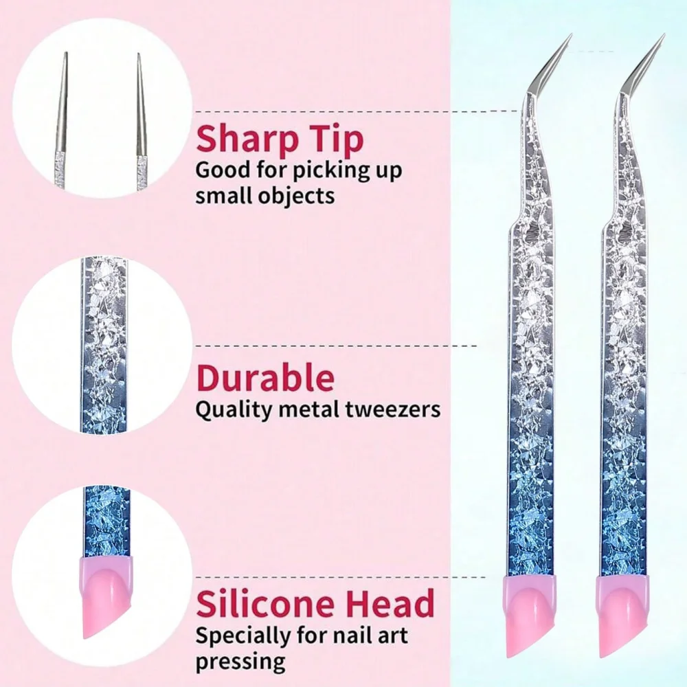 1pcs Blue Gradient Crackle Nail Art Tweezers - Stainless Steel Angled Precision Tool for Rhinestones, Charms & Nail Decorations