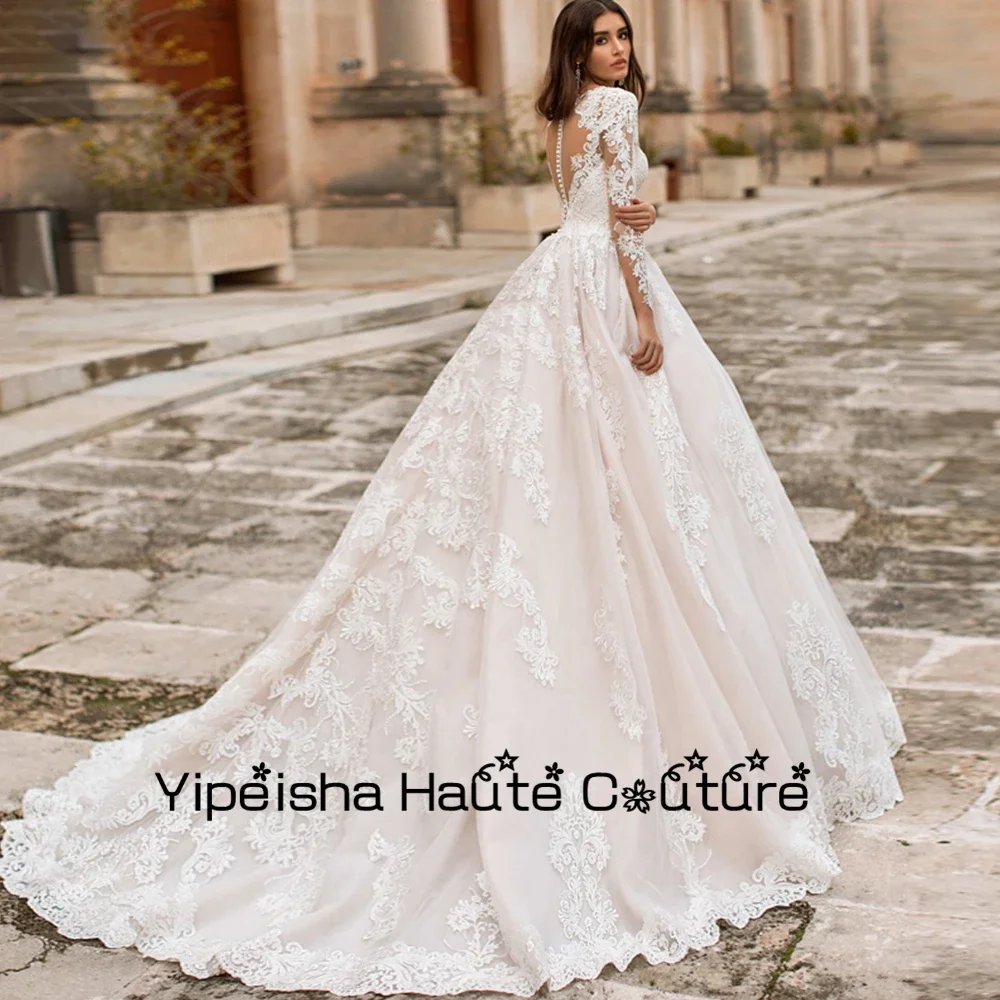 Yipeisha Fluffy Ball Gowns A Line V Neck Wedding Dresses 2022 Full Sleeve Lace Empire Bridal  Summer Sweep Train Robe De