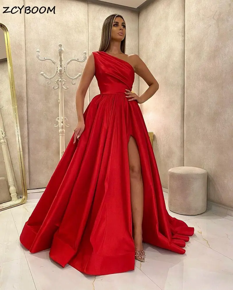 

Red One Shoulder Split Prom Dress 2025 Women Formal Party Night Vestidos De Gala A-Line Satin Elegant Simple Long Evening Gowns