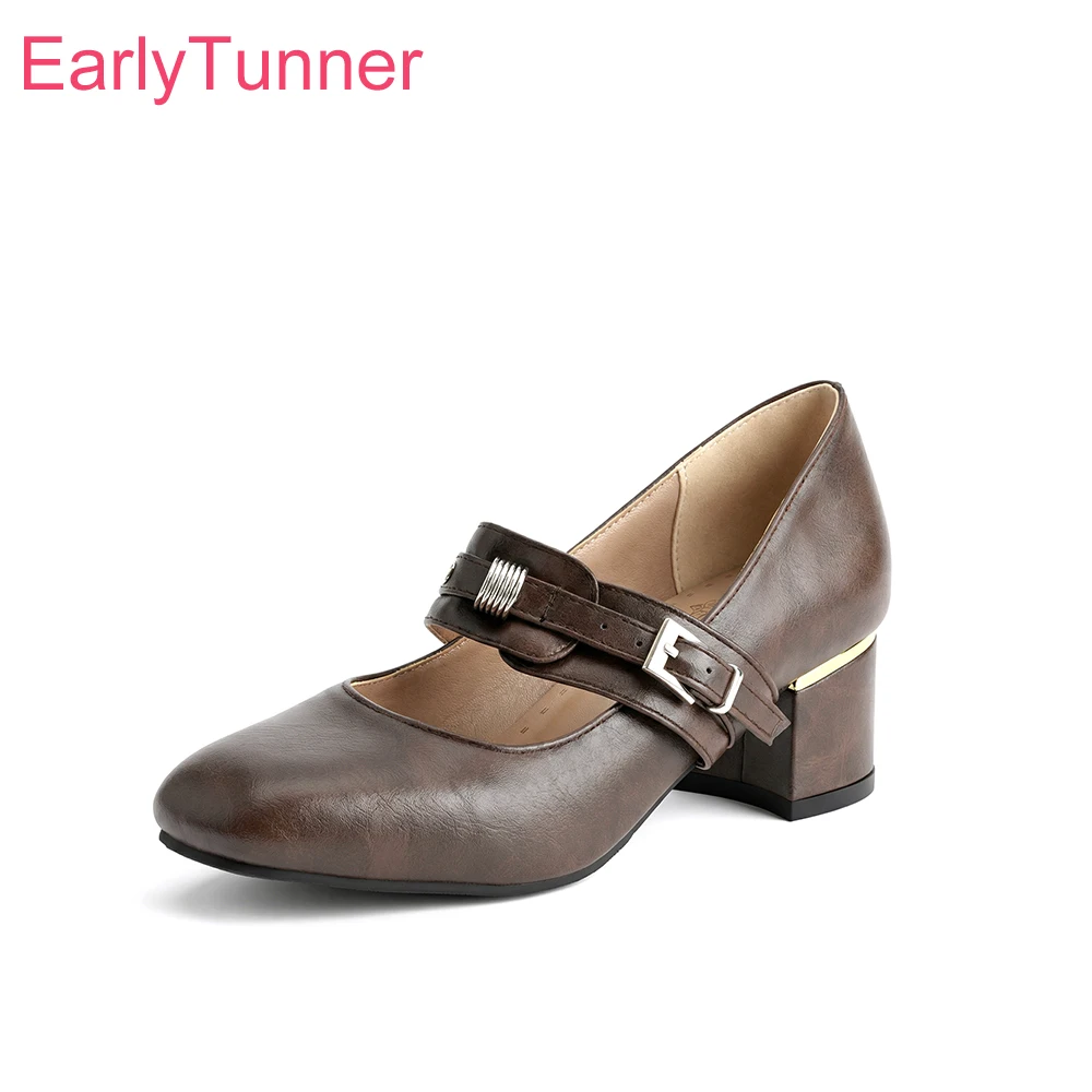 

Весенние женские туфли Мэри Джейн 2026 года с эластичным ремешком, черные/коричневые, на каблуке-блоке 5,5 см, большие размеры 12, 43, 45, 48