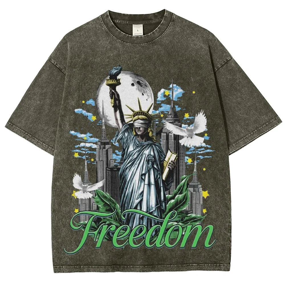 Vintage Washed Statue Of Liberty Freedom Graphic T‑Shirt City Skyline Dove Print Oversized Streetwear Casual Short Sleeve Tee