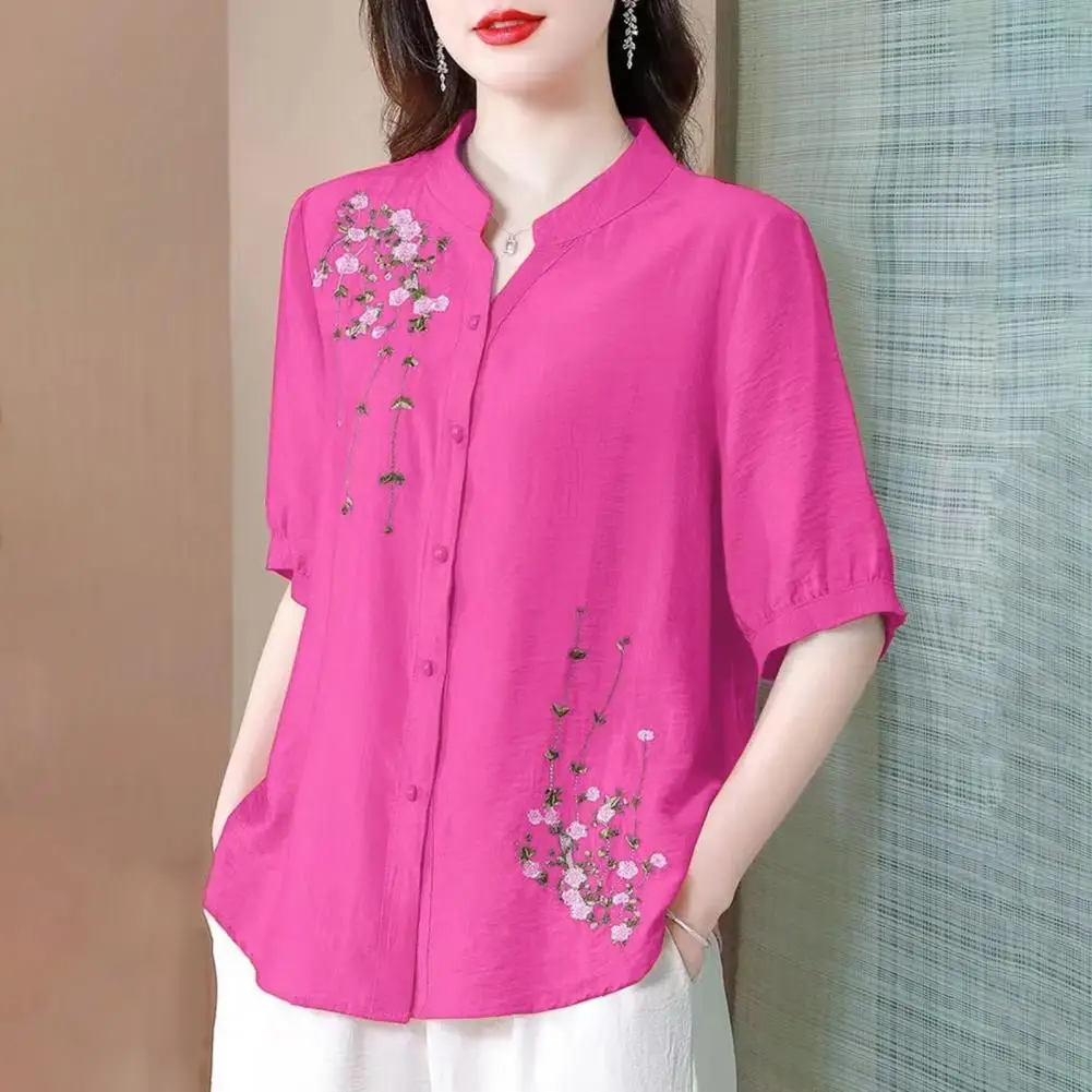 

Spring Summer Shirt Floral Embroidery Stand Collar Women's Shirt Loose Fit Short Sleeve Summer Blouse Single Breasted Spring Top